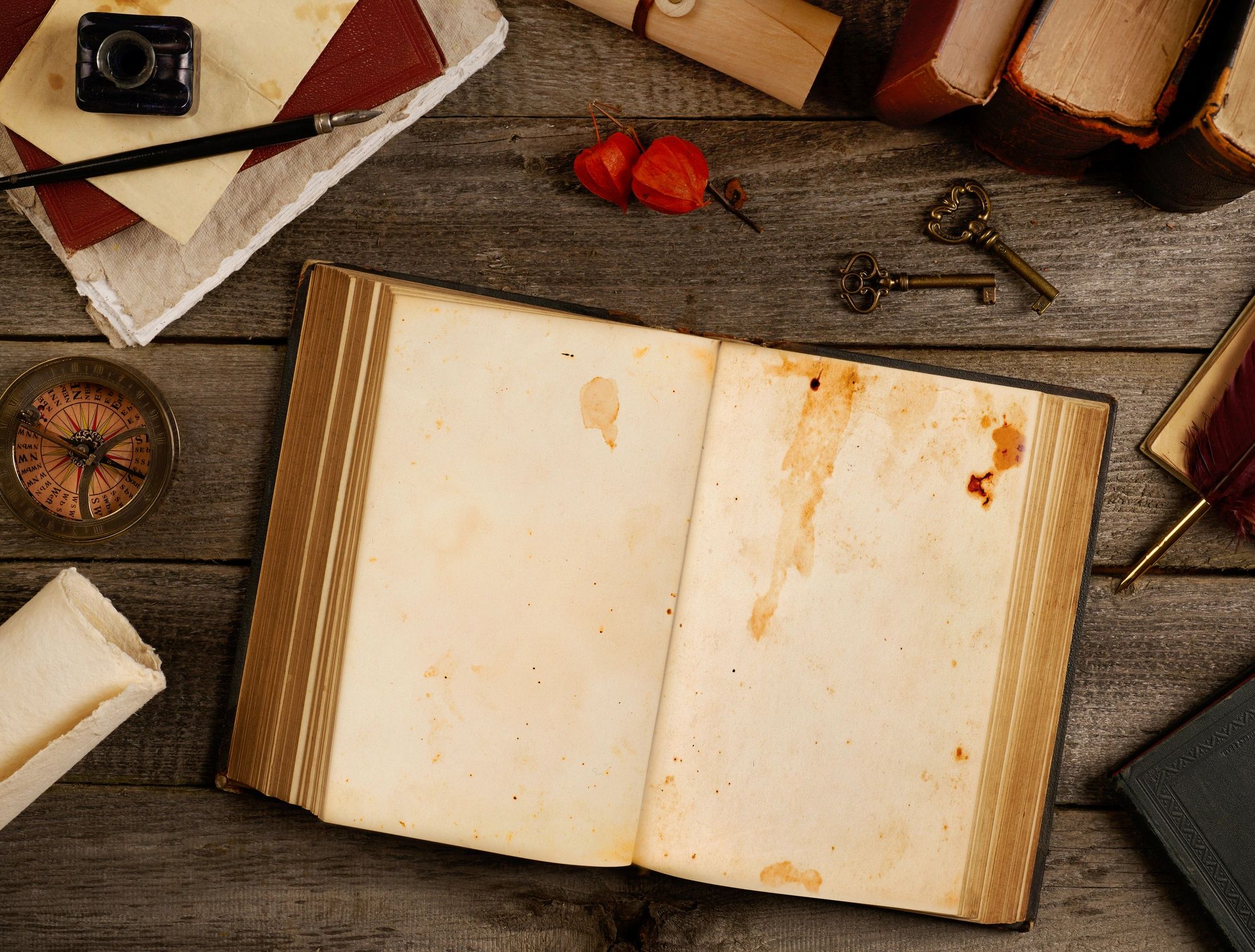 Open antique novel on a table